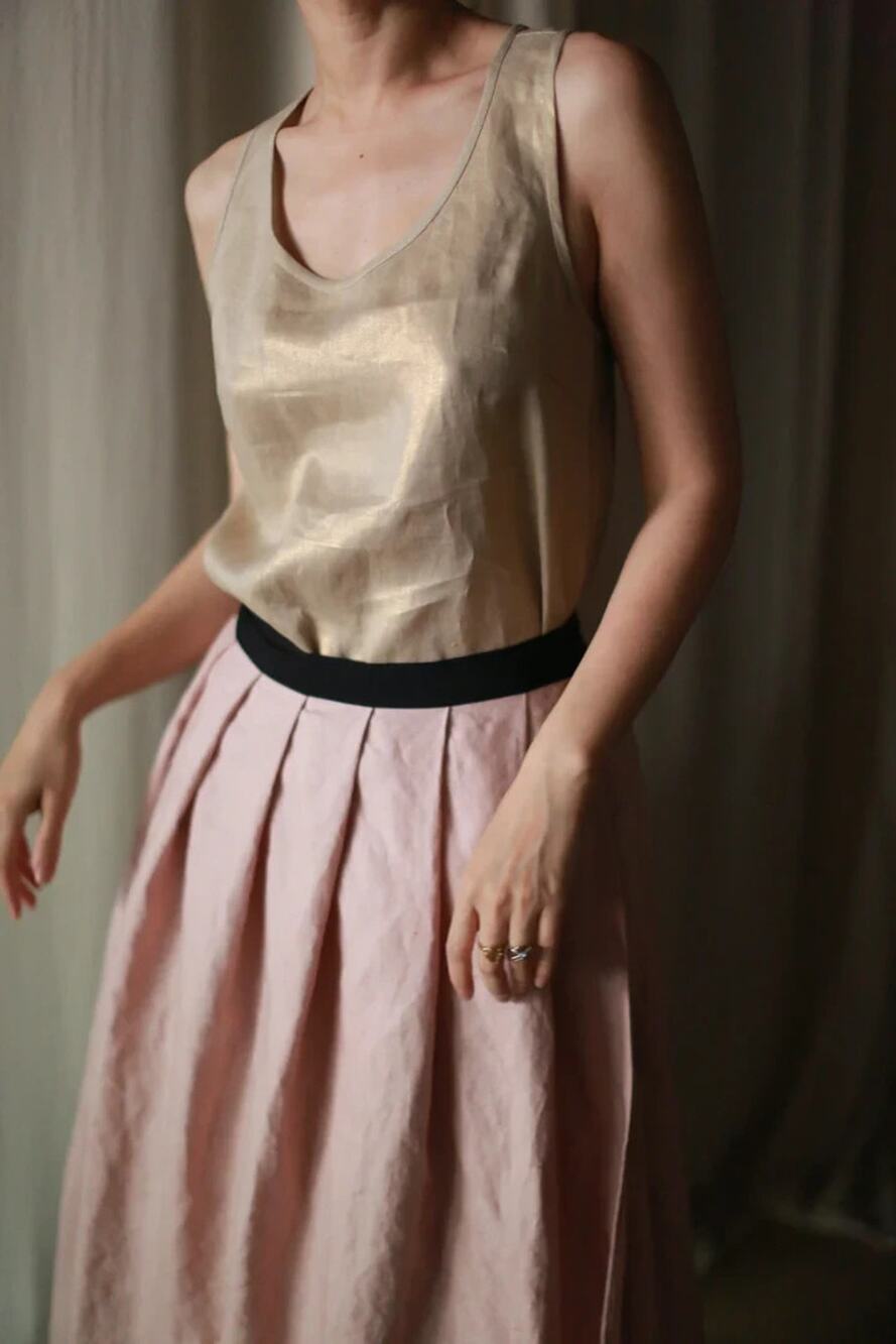 LAN JAENICKE SAN FRANCISCO Luxe Gold Shimmer Linen Tank Top Garmentory L $150